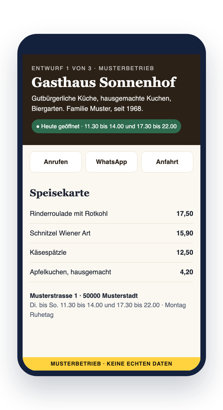 Handy mit dem Entwurf einer Website für einen Musterbetrieb: Öffnungszeiten, Anruf-Taste, WhatsApp, Anfahrt, Speisekarte