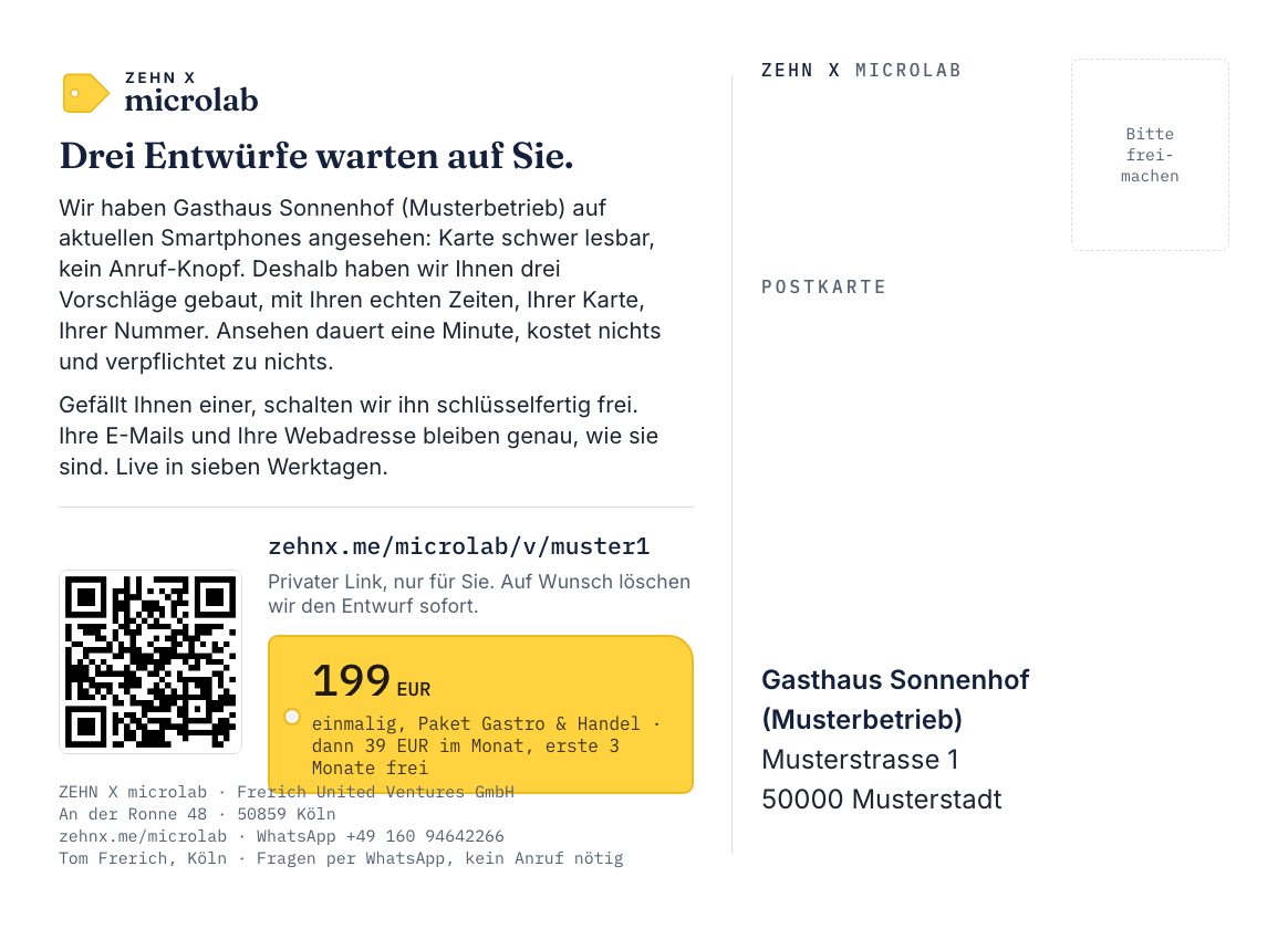 Postkarte Rückseite: Angebotstext, QR-Code zur privaten Vorschau, Preisschild 199 EUR, Adressfeld